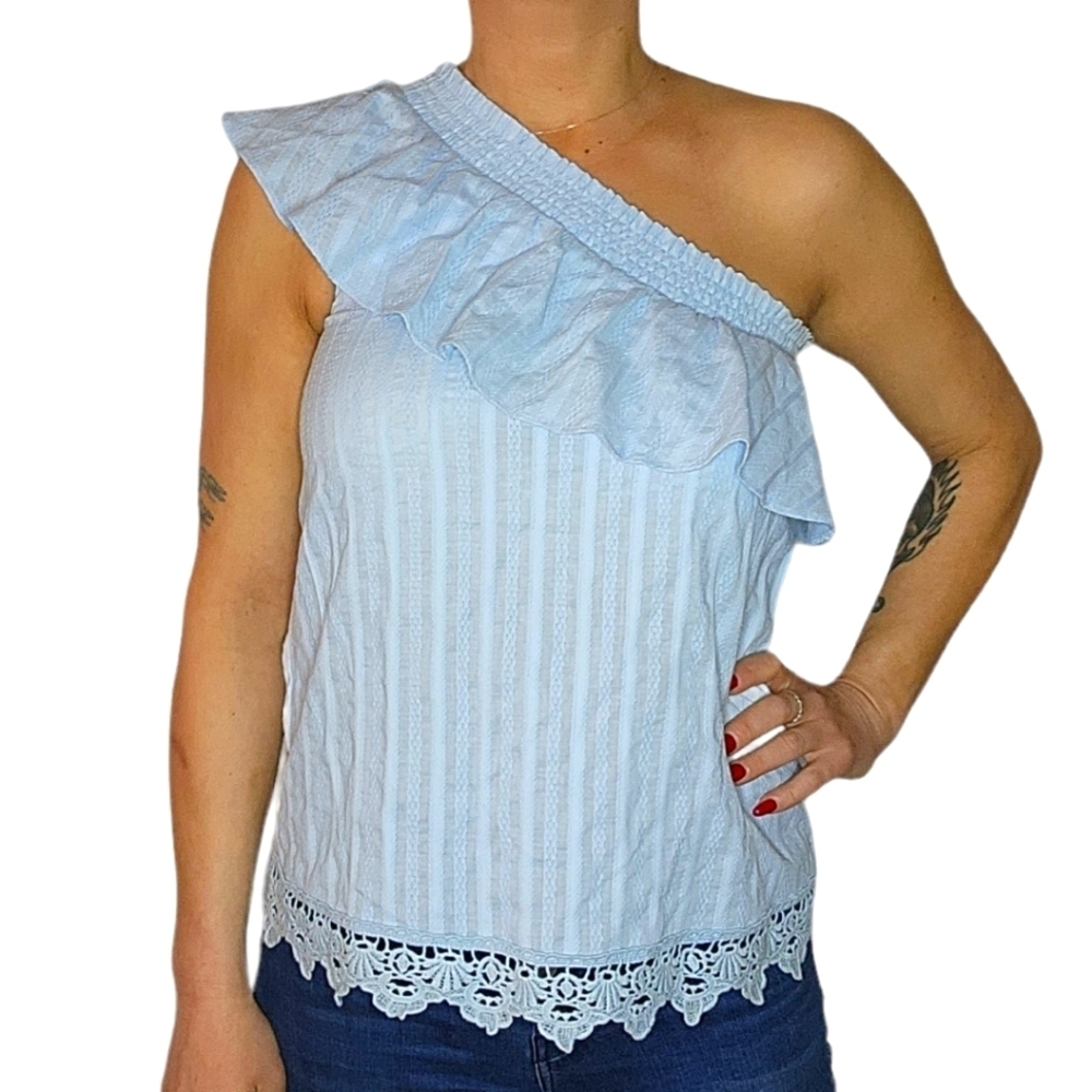 Sweet Wanderer Off the Shoulder Cotton Ruffled Blouse Size Medium Blue